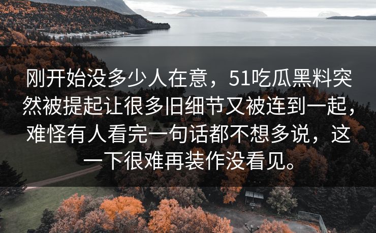 刚开始没多少人在意，51吃瓜黑料突然被提起让很多旧细节又被连到一起，难怪有人看完一句话都不想多说，这一下很难再装作没看见。